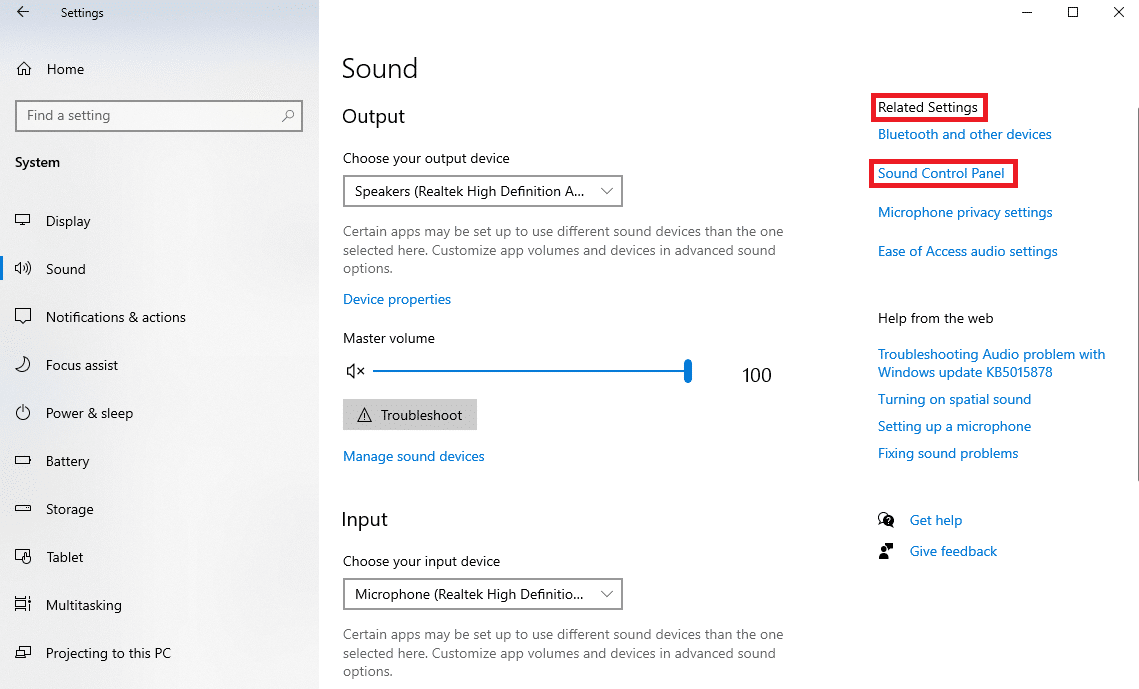 cliquez sur Panneau de configuration du son