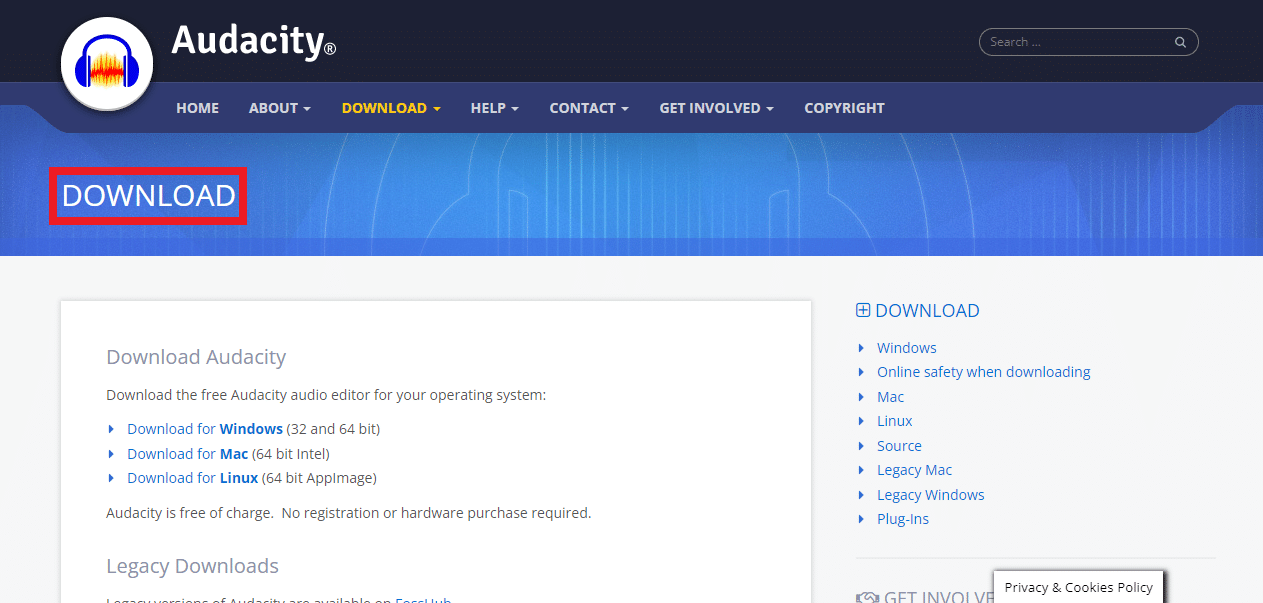 Abra o navegador da Web e visite a página oficial de download do Audacity