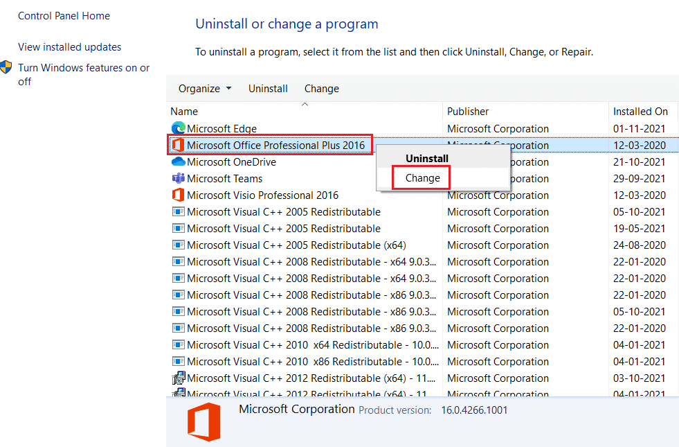 haga clic con el botón derecho en microsoft office y seleccione la opción de cambio en programas y características desinstale un menú de programa. corrija el error de Office 70003