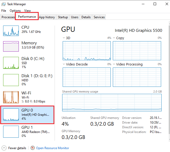 option gpu dans le menu performances