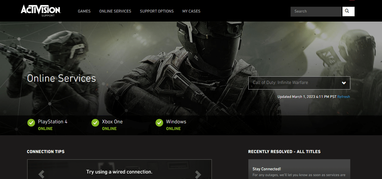 Strona usług online wsparcia Infinite Warfare Activision