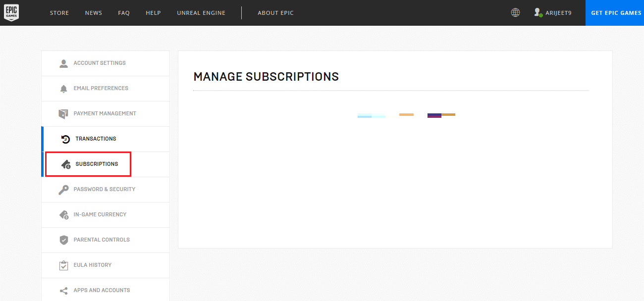 menú de suscripciones en la configuración de la cuenta de Epic Games