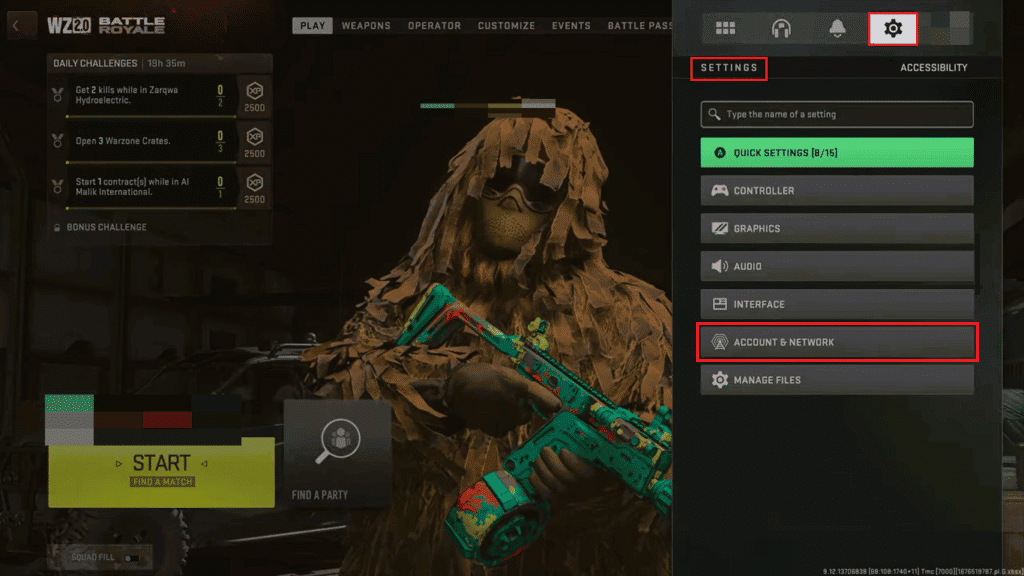 configurações de conta e rede cod warzone