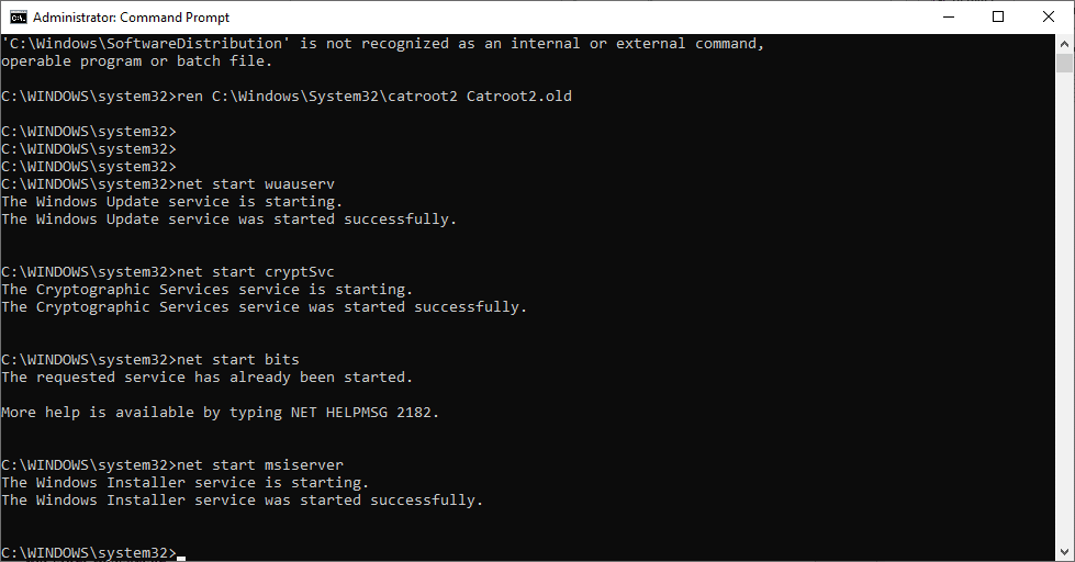 net start wuauserv net start cryptSvc net start bits net start msiserver