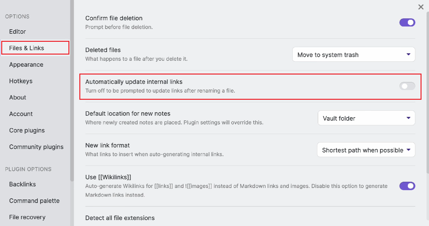 Basculez vers l'onglet Fichiers et liens et activez la bascule pour l'option Mettre à jour automatiquement les liens internes