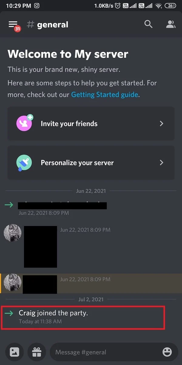 ดูข้อความที่ระบุว่า Craig เข้าร่วมปาร์ตี้บนหน้าจอเซิร์ฟเวอร์ของคุณ