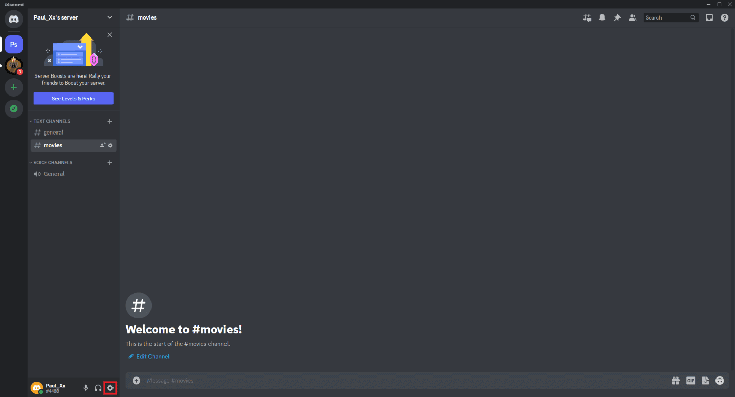 vai su un canale di chat vocale e fai clic sull'icona della ruota dentata. Come riprodurre in streaming Disney Plus su Discord