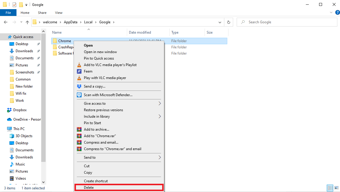 Ubique y haga clic con el botón derecho en la carpeta de Chrome y haga clic en Eliminar. 13 formas de corregir un error de descarga fallida en Chrome