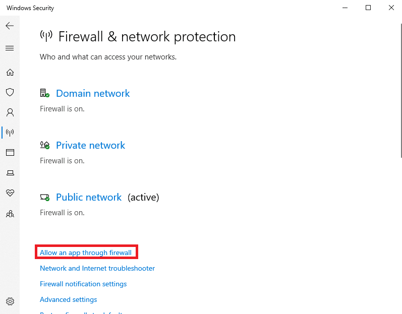 clique em Permitir um aplicativo através do firewall