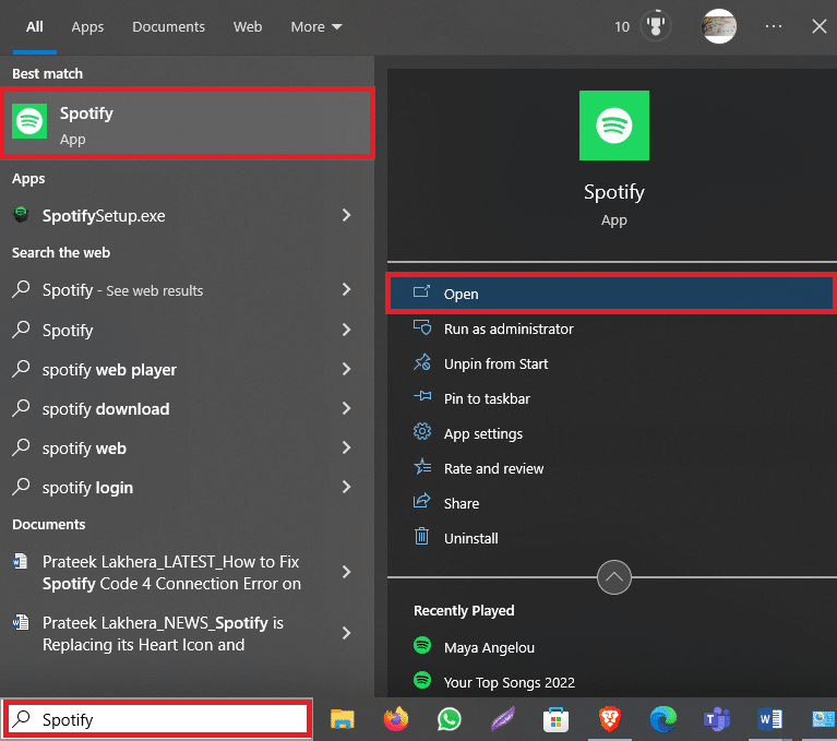 Abra o Spotify no menu Iniciar. Como corrigir o erro de conexão Spotify Code 4 no Windows 10