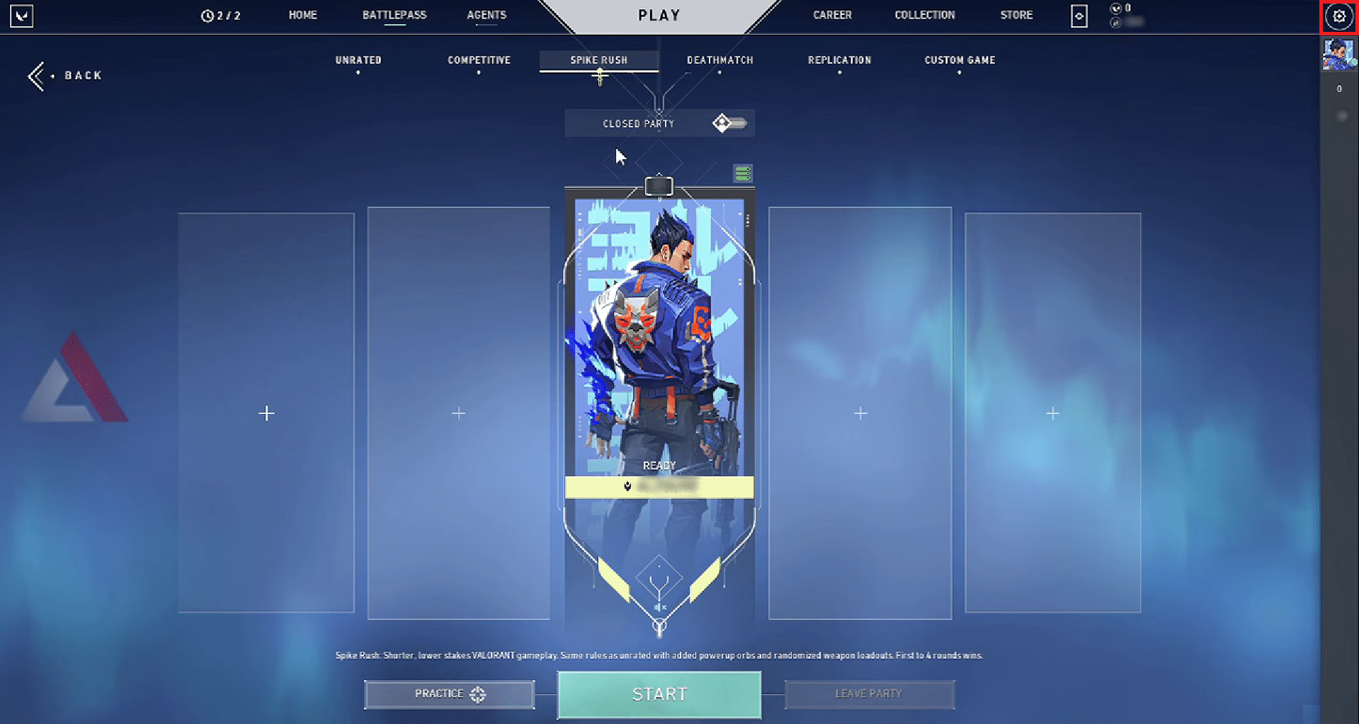 Valorantホーム画面の右上隅にある設定歯車アイコンをクリックします