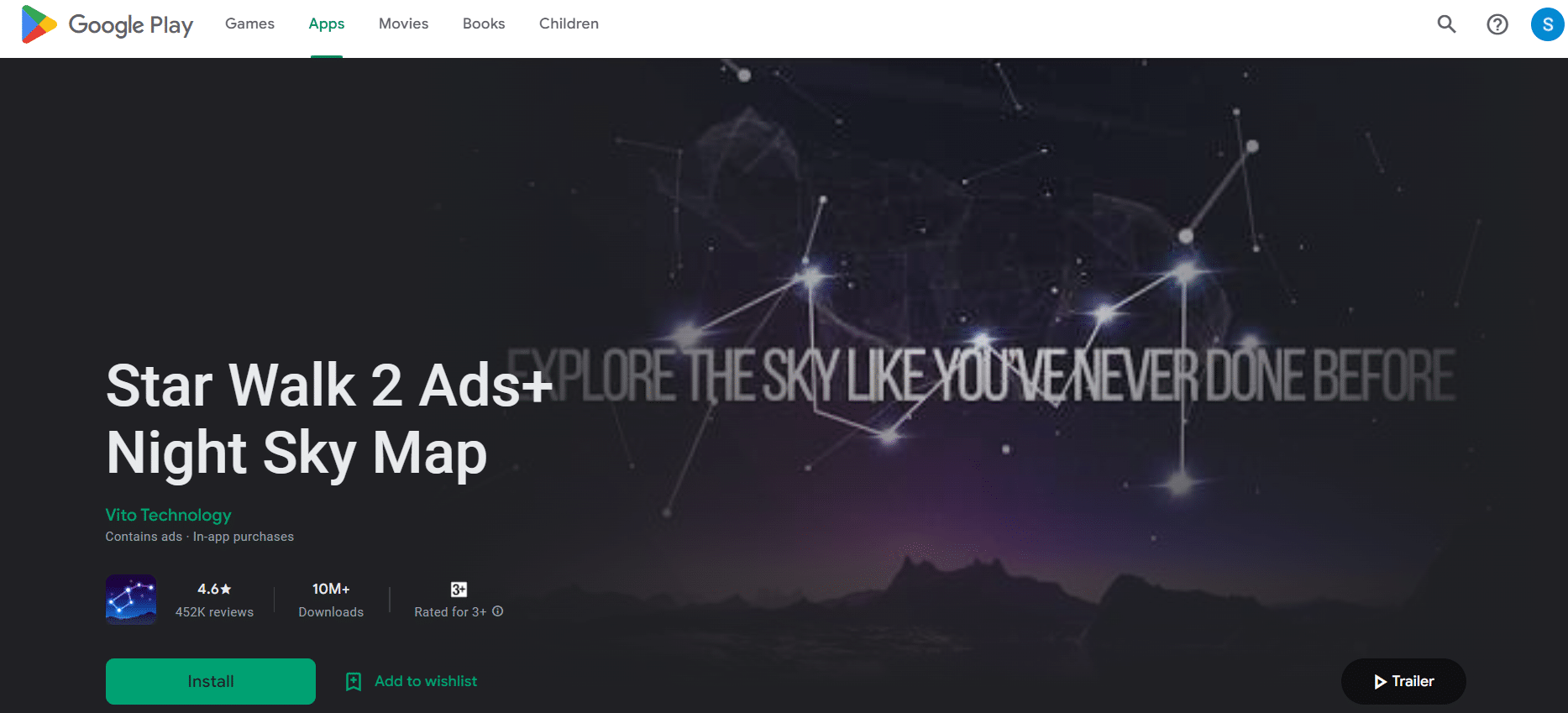 Page d'installation de Star Walk 2 Ads+ Night Sky Map