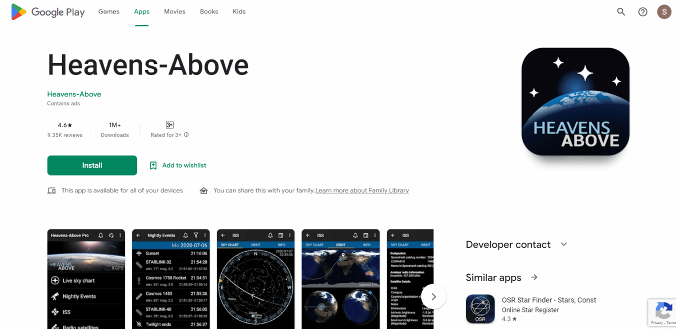 Pagina di installazione dell'app Heavens Above