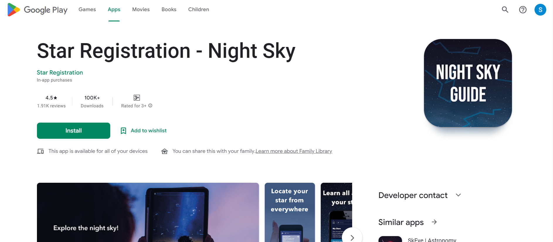 Rejestracja gwiazd – strona instalacyjna Night Sky