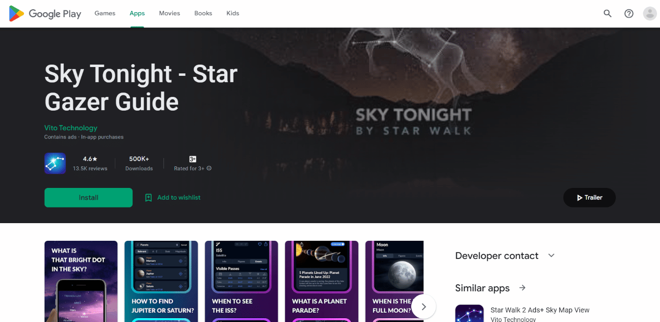 Page d'installation de l'application Sky Tonight.