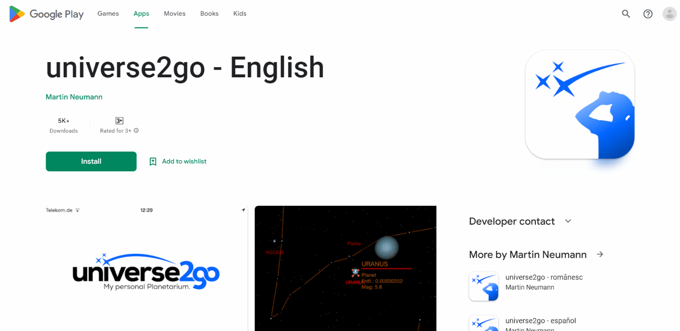 Página de instalação do aplicativo Universe2go. 22 melhores aplicativos de astronomia e observação de estrelas