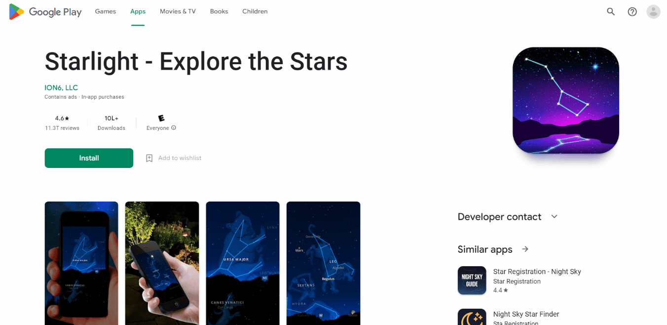 Pagina di installazione dell'app Starlight