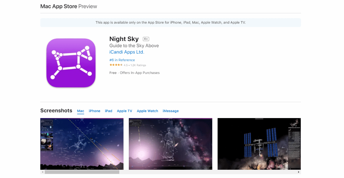 Page d'installation de l'application Night Sky