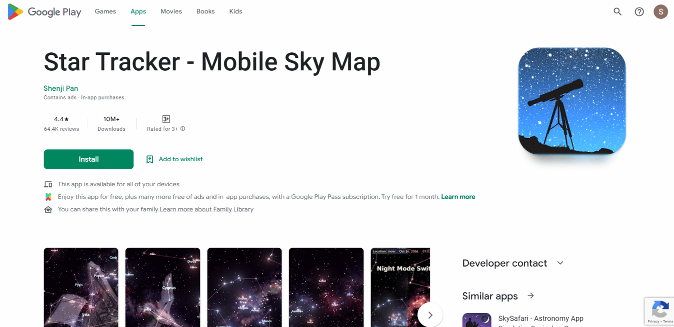 Pagina di installazione dell'app Star Tracker