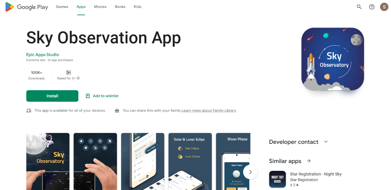 Página de instalação do aplicativo Sky Observation. 22 melhores aplicativos de astronomia e observação de estrelas