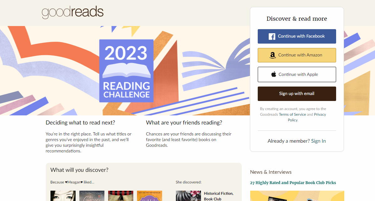 Page d'accueil Goodreads