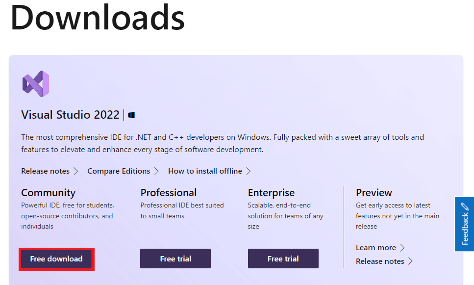 Klicken Sie auf die Schaltfläche Kostenloser Download. So laden Sie Visual Studio für Windows 10 herunter