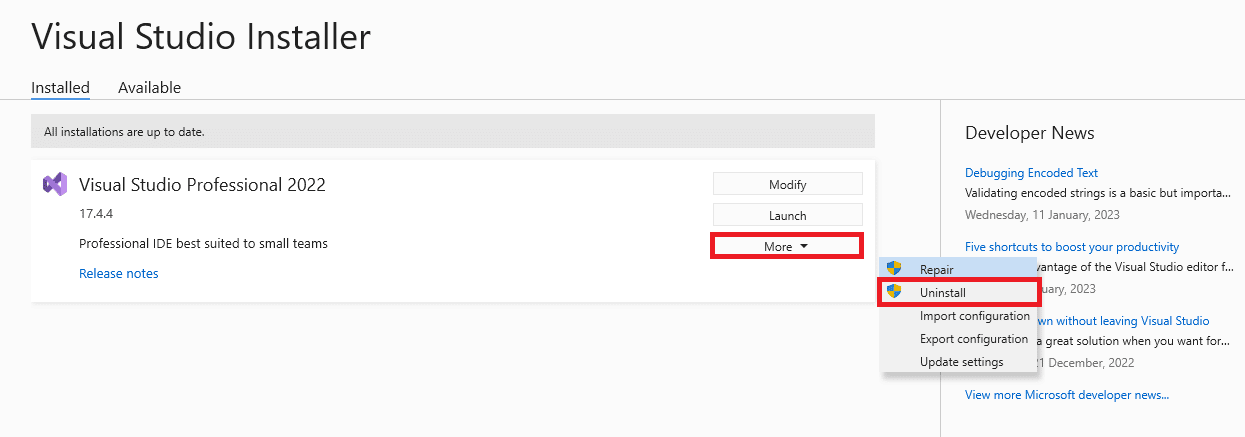 Haga clic en el botón Más y haga clic en el botón Desinstalar. Cómo descargar Visual Studio para Windows 10
