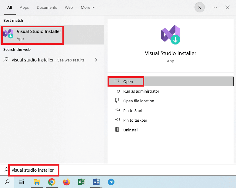 Откройте приложение установщика Visual Studio.