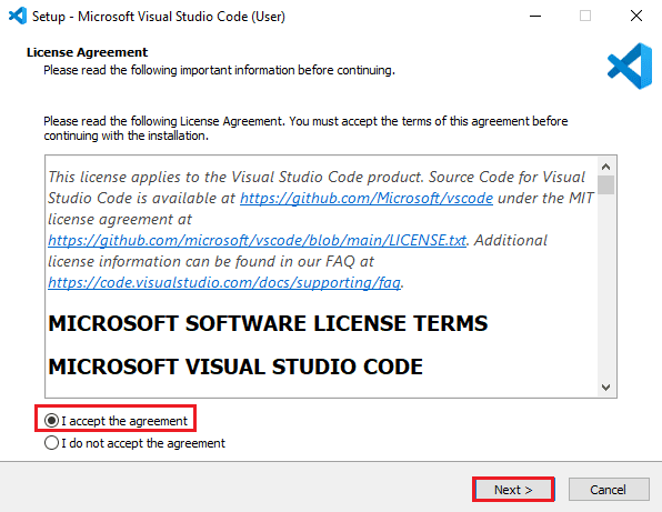 เลือกตัวเลือก ฉันยอมรับข้อตกลง และคลิกที่ปุ่ม ถัดไป วิธีดาวน์โหลด Visual Studio สำหรับ Windows 10