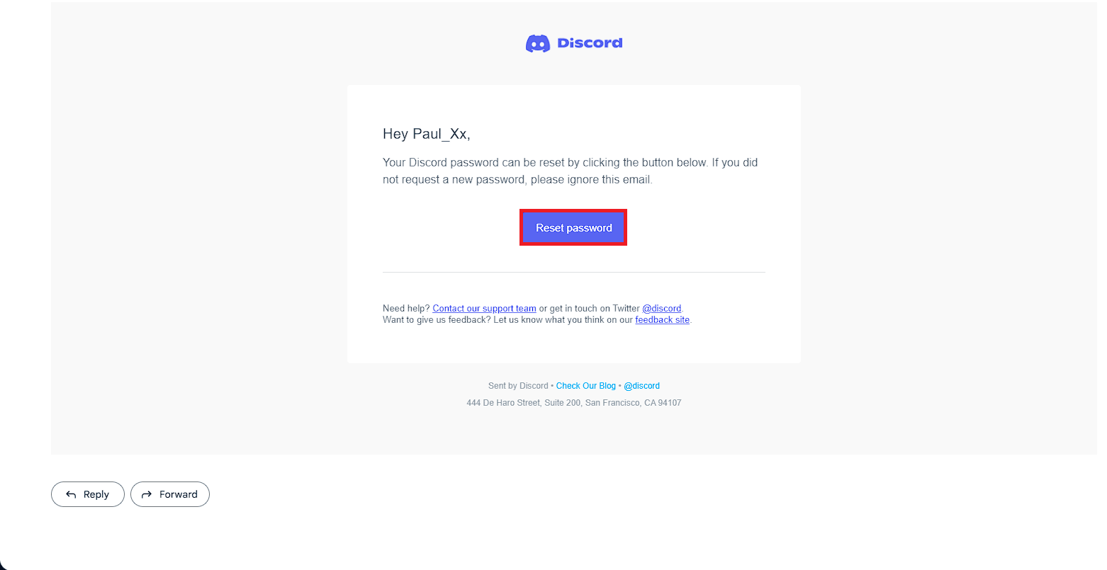 打開來自 Discord 的新電子郵件，然後單擊郵件中的重置密碼按鈕