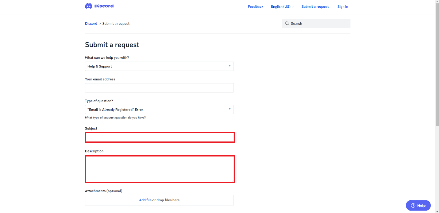 Fügen Sie den Betreff des Problems und eine Beschreibung des Problems in das entsprechende Feld ein. Beheben Sie den Fehler „Discord-E-Mail ist bereits registriert“.
