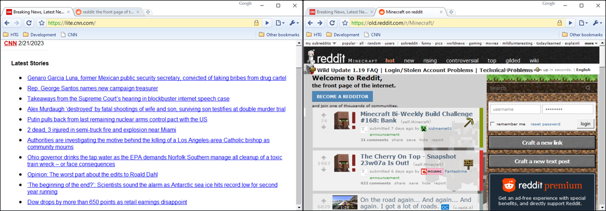 CNN Lite e Old Reddit no Chrome 1.0