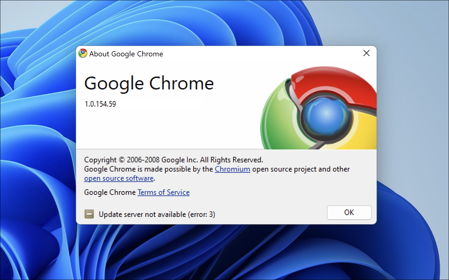 Strona o Chrome 1.0