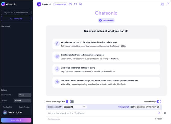 Chatbot de la WriteSonic, alimentat de AI, Chatsonic