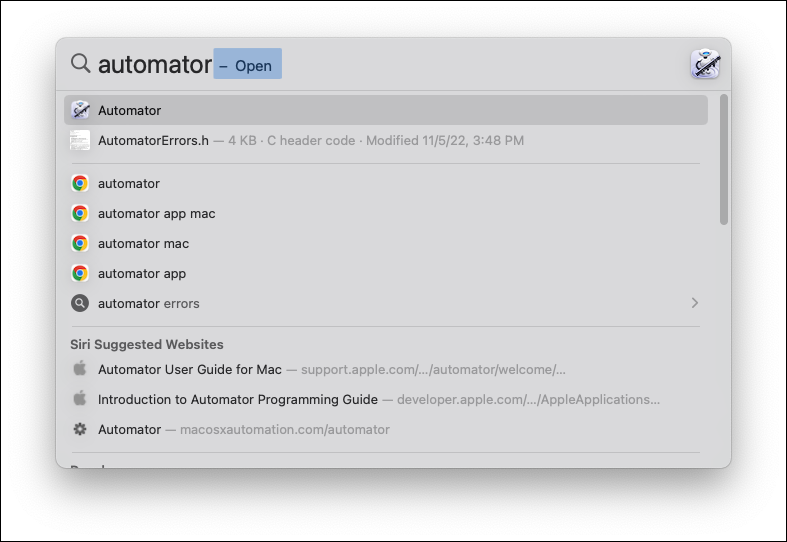 البحث عن Automator