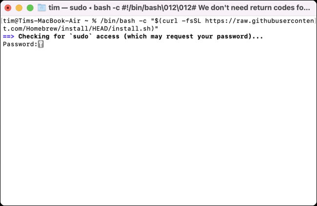 ป้อนรหัสผ่านเพื่อติดตั้ง Homebrew บน macOS