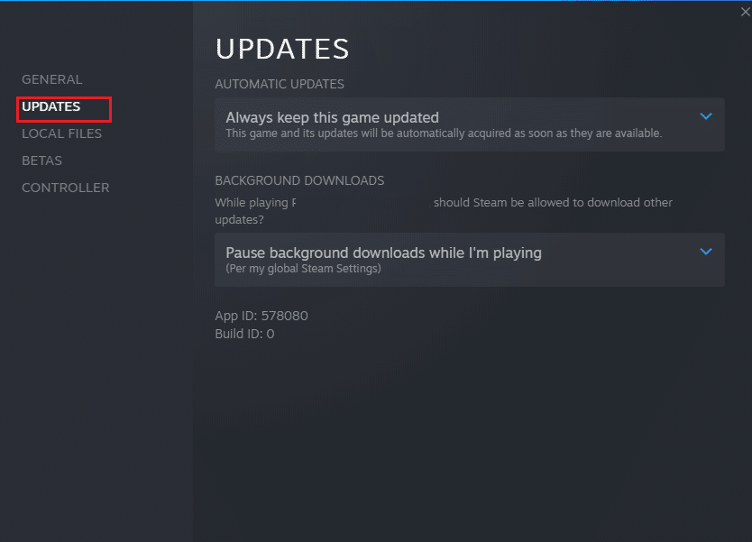 Gehen Sie zu Updates in den Spieleigenschaften Steam