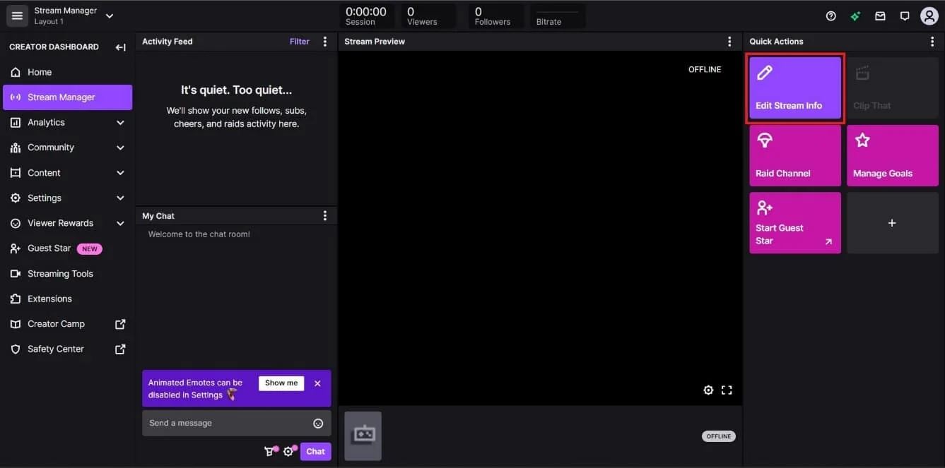 Fai clic sul riquadro Modifica informazioni stream in Azioni rapide all'estrema destra. | Come modificare il titolo dello streaming su Twitch