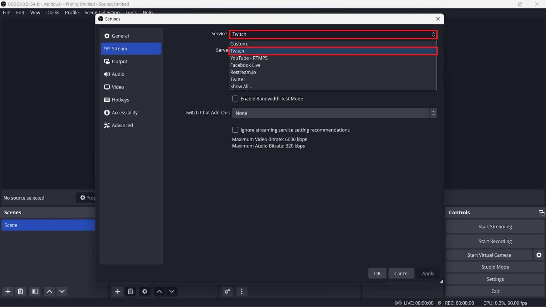 Cliquez sur la flèche vers le bas à côté de Service sur la droite. Choisissez Twitch dans la liste.