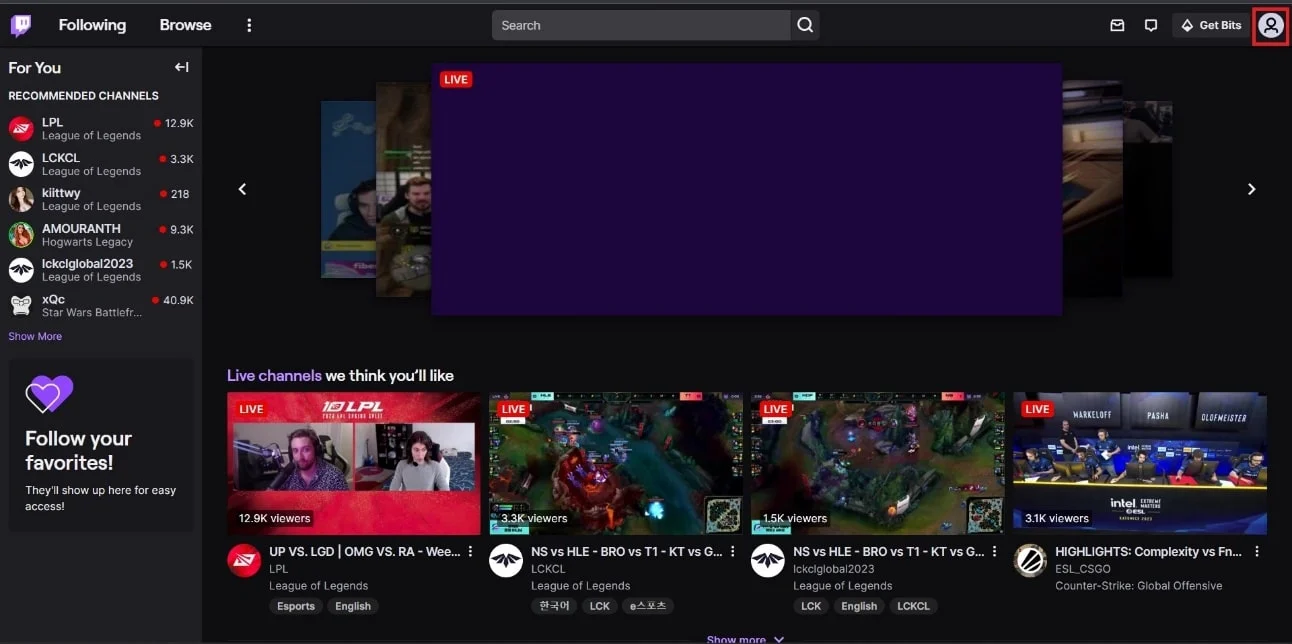 Nell'angolo in alto a destra, fai clic sull'icona Profilo. | Come modificare il titolo dello streaming su Twitch