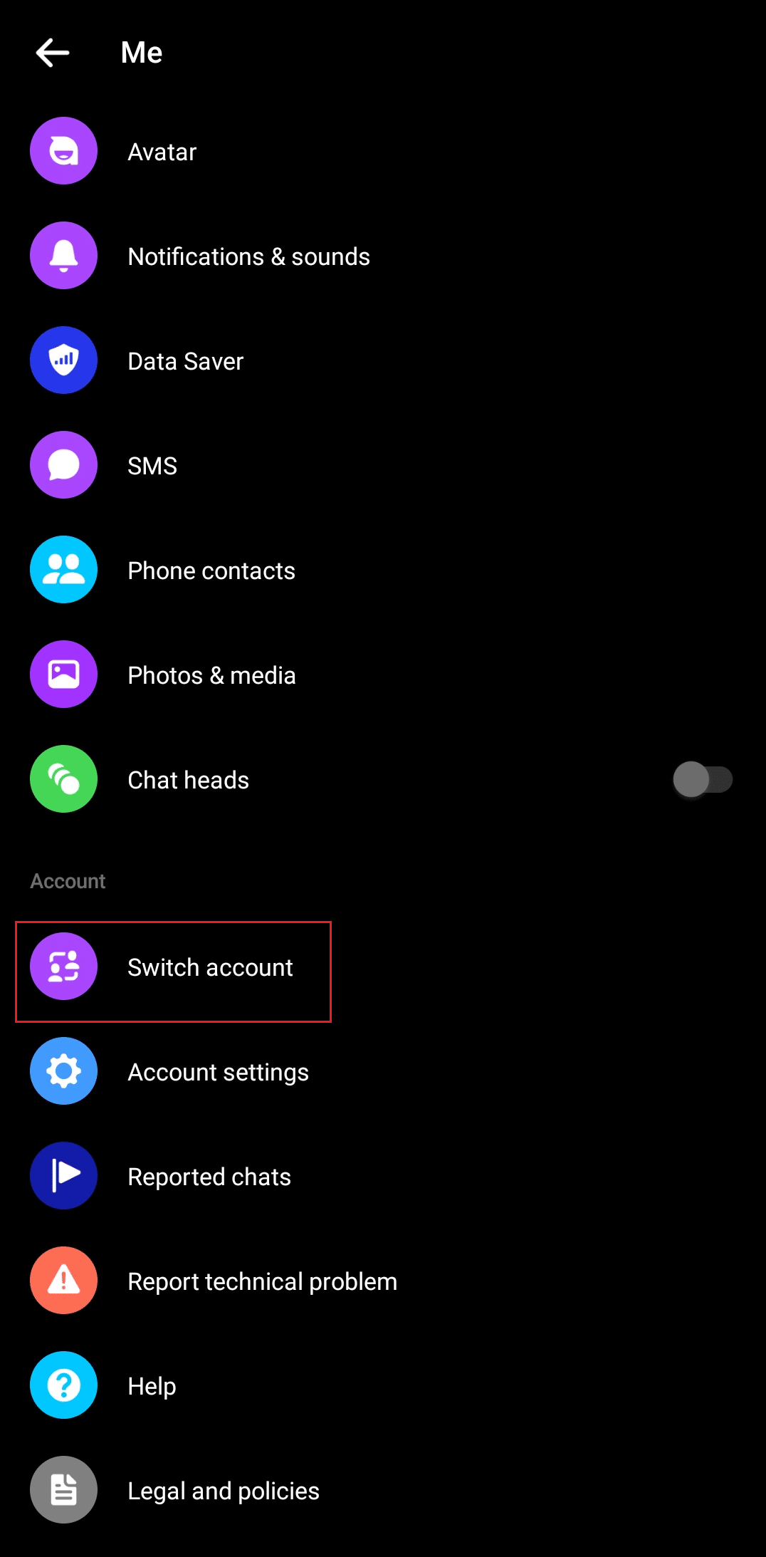 Прокрутите вниз, чтобы перейти, и нажмите «Переключить учетную запись». Как исправить проблему переключения учетной записи Facebook Messenger
