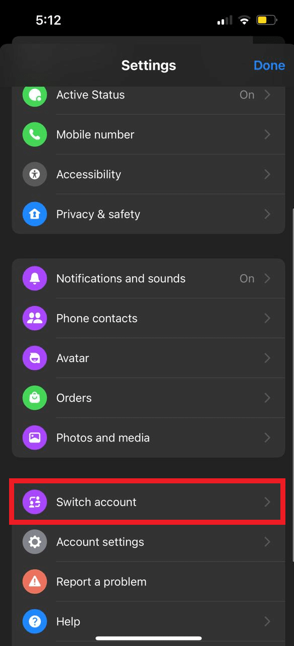 اضغط على تبديل الحساب. كيفية إصلاح مشكلة حساب تبديل Facebook Messenger
