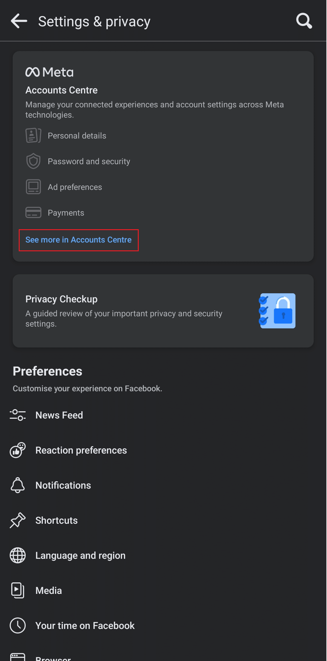 แตะที่ ดูเพิ่มเติม ในศูนย์บัญชี ภายใต้ Meta Accounts Center