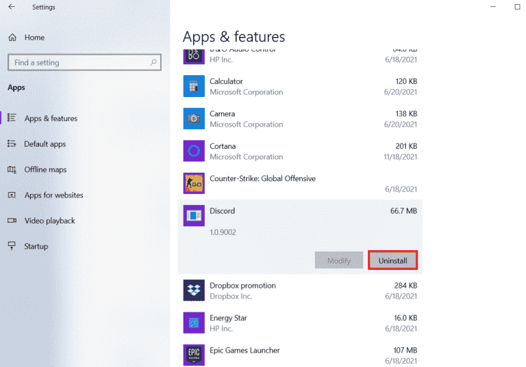 cliquez sur l'application Discord et sélectionnez Désinstaller