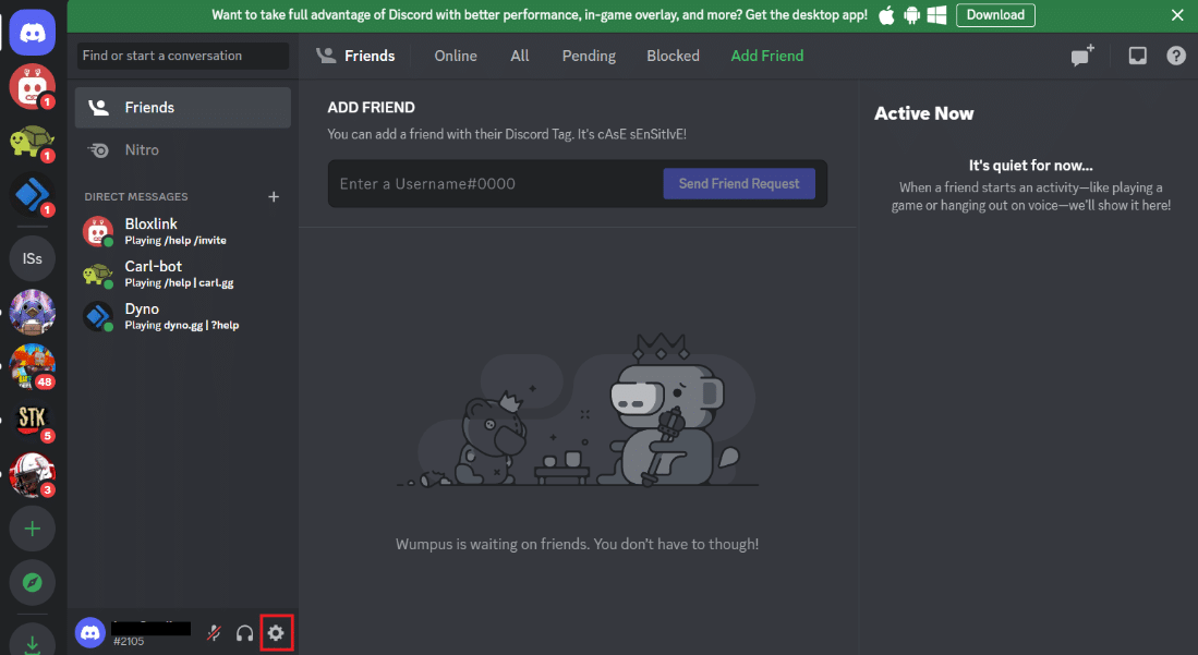 haga clic en el icono Configuración. 9 formas de arreglar BetterDiscord no funciona