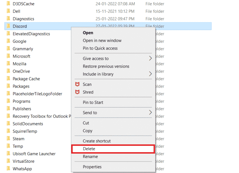 Fai clic con il tasto destro sul file Discord e seleziona Elimina dal menu. 9 modi per risolvere BetterDiscord non funziona