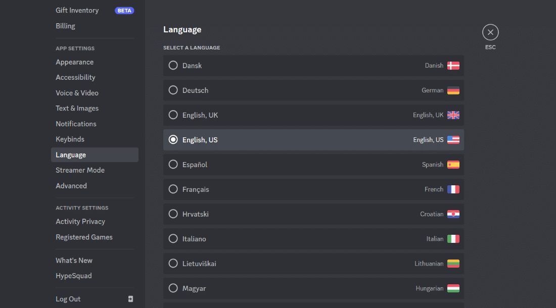 changez votre langue dans la liste des options disponibles. 9 façons de réparer BetterDiscord ne fonctionne pas