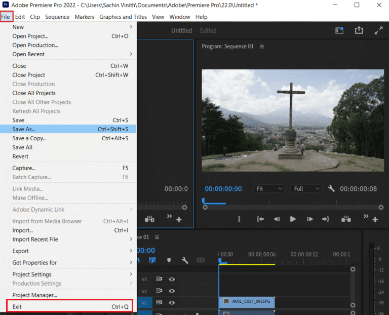 esci da adobe premiere pro