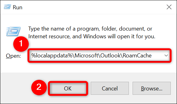 Introduceți calea cache Outlook și selectați „OK”.