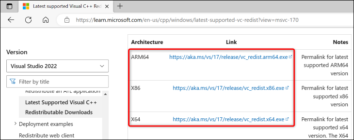 Laden Sie Microsoft Visual C++ Redistributable-Pakete herunter.